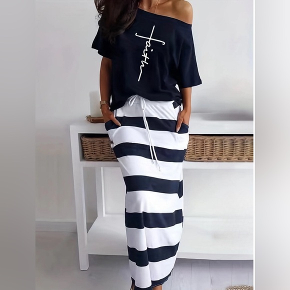 Dresses & Skirts - NEW Slanted Shoulder “Faith” Print T-shirt & Drawstring Stripe Skirt Set